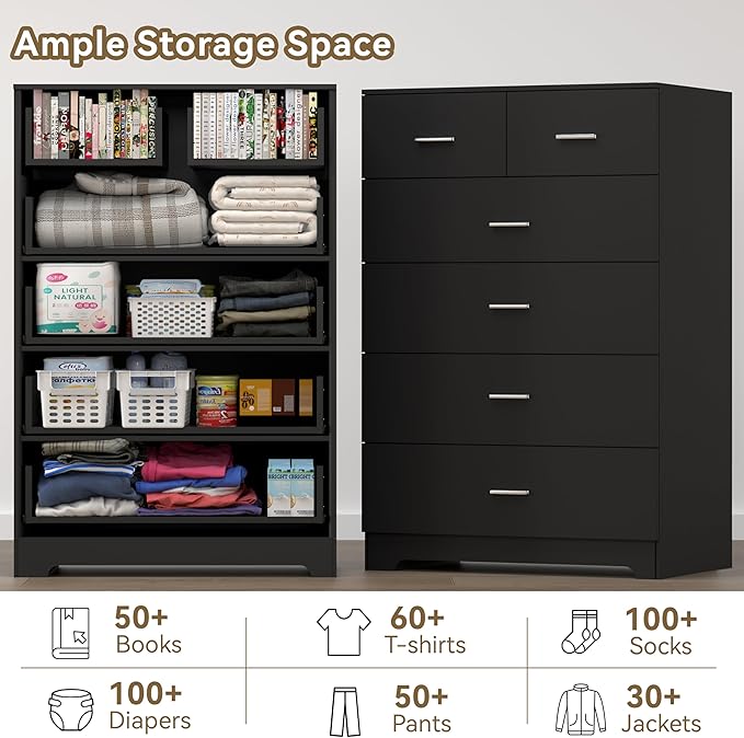 FJTJBSI Dresser with Power Outlets Wooden 6 Drawer Dresser with Large Organizer - Image 7
