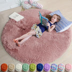 Blush Pink Small Round Rug 3Ft for Kids Bedroom, Fluffy Fuzzy Furry Circle Area by Amdrebio