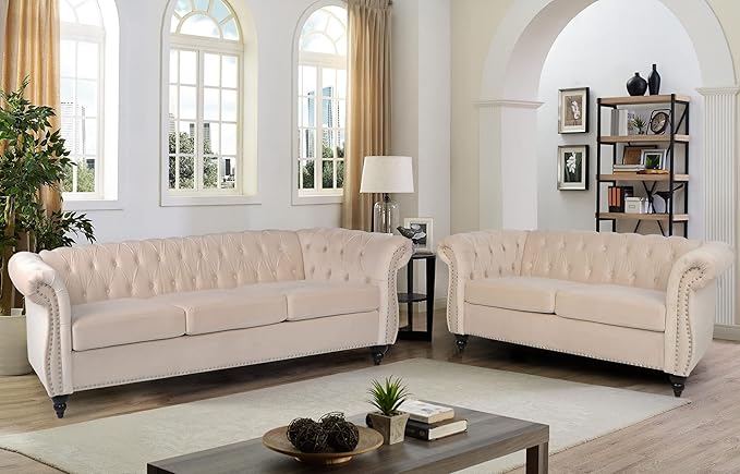 RARZOE 3 Pieces of Living Room Furniture Sofa Sets, Modern Velvet Chesterfield - Image 4