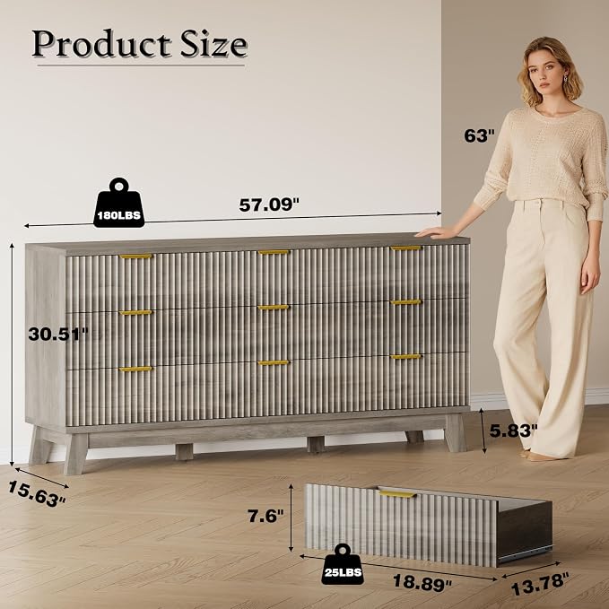 BORNOON Fluted 9 Drawer Dresser, 57.1" Wide Modern Boho Chest of Drawers - Image 2