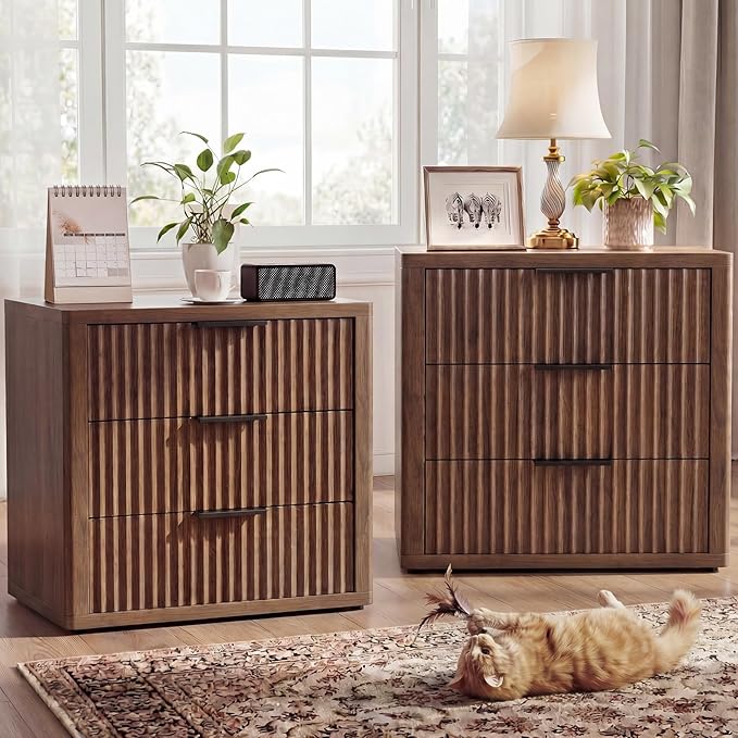Night Stand with 3 Drawers, Fluted Bed Side End Table with Metal Handle by LOOMORA