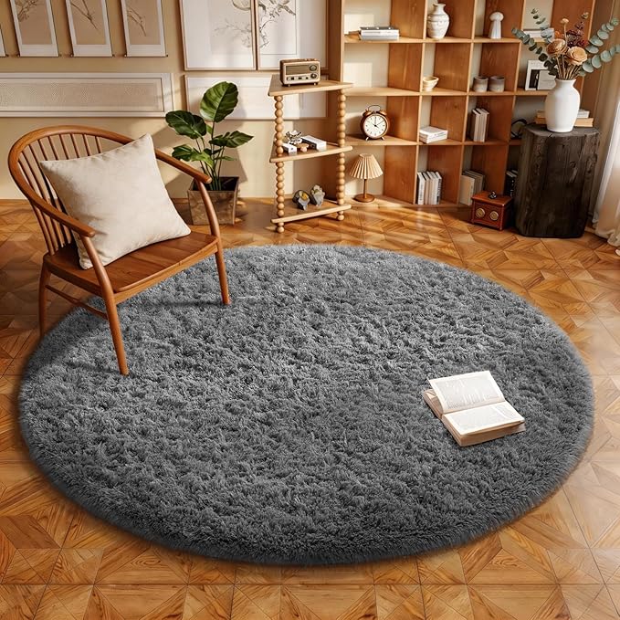 Ophanie Round Rug 5Ft Grey Circle Area Rugs, Fluffy Fuzzy Bedroom Carpet 5 Foot by Ophanie