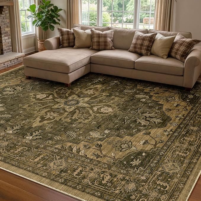 RELEANY Area Rugs 8'x10' Washable Non-Slip, Floral Vintage Distress Print by RELEANY