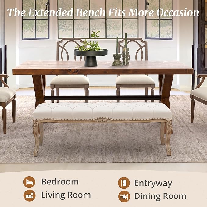 Cozyman Bedroom Bench, French Vintage Entryway Bench 52.5" Carving Upholstered - Image 6
