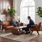 STHOUYN Brown Leather Loveseat Sofa and Accent Chair, Mid-Century Modern Office - Image 2