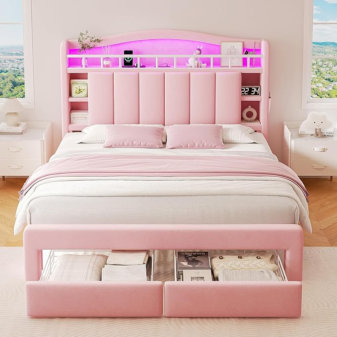 Full LED Bed Frame with Storage Headboard & 2 Storage Drawers, Princess Velvet - Image 3