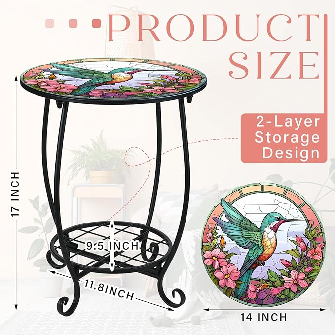Cinnvoice Outdoor Side Table Round Small Mosaic Patio Accent Indoor End Plant - Image 3