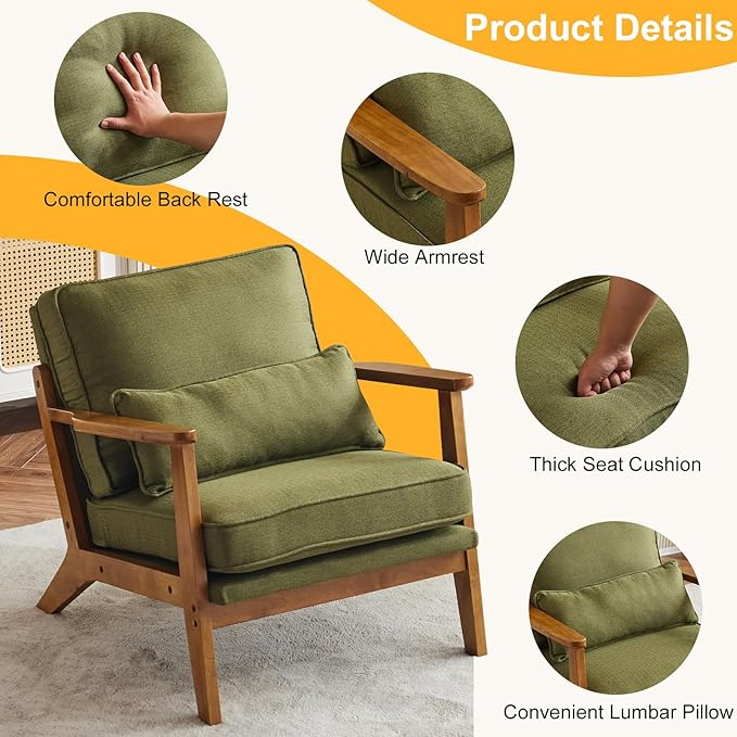 Karl home Accent Chair Wide Armrest Mid-Century Lounge Chair Linen Fabric - Image 3