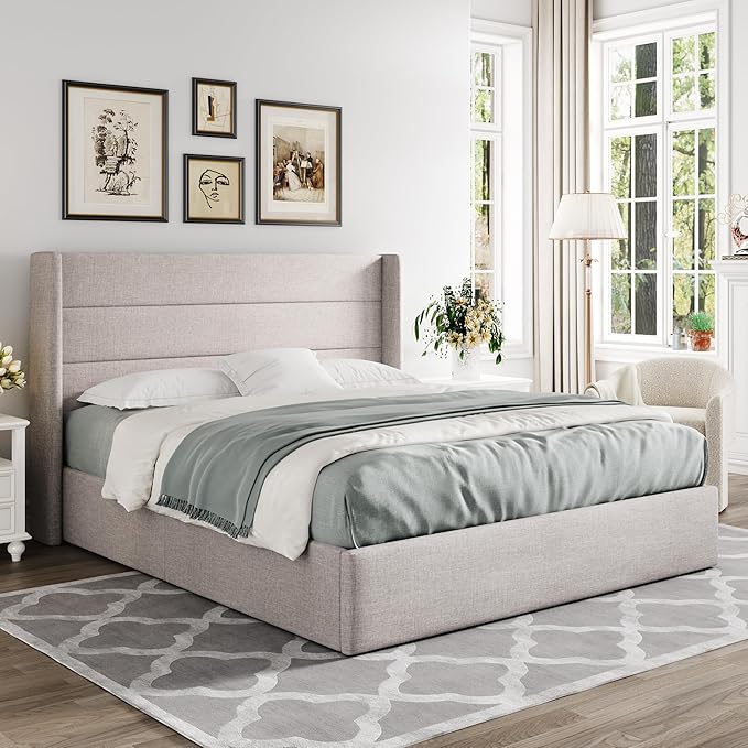 Allewie Full Size Lift Up Storage Bed, Modern Wingback Headboard, Hydraulic - Image 8