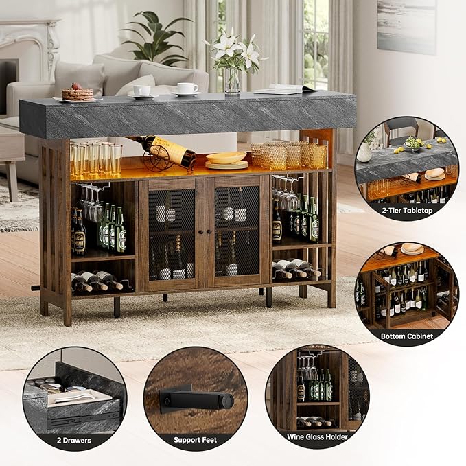 Loomie Bar Table Cabinet with Grey Marble Top & LED Lights & 2 Drawers - Image 7