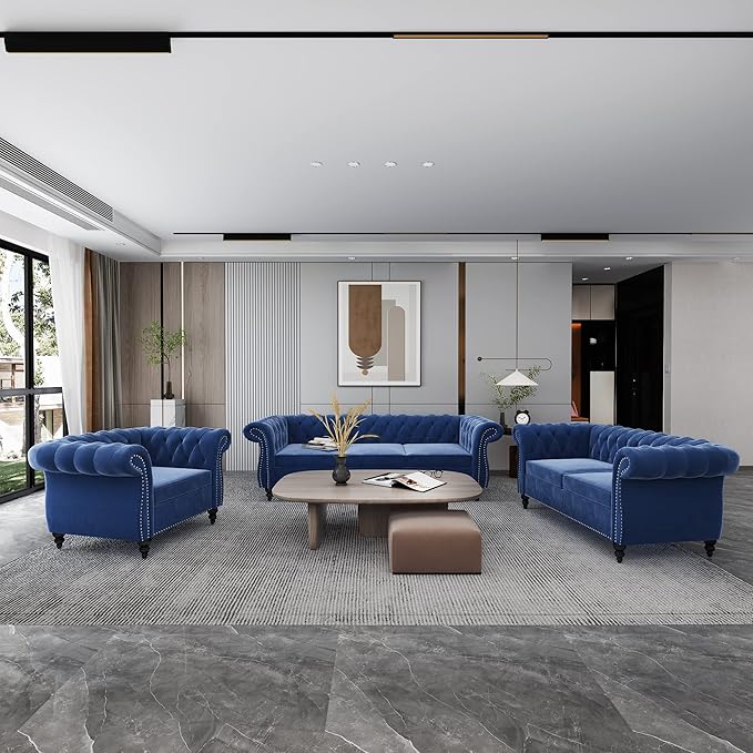 RARZOE 3 Pieces of Living Room Furniture Sofa Sets, Modern Velvet Chesterfield by RARZOE