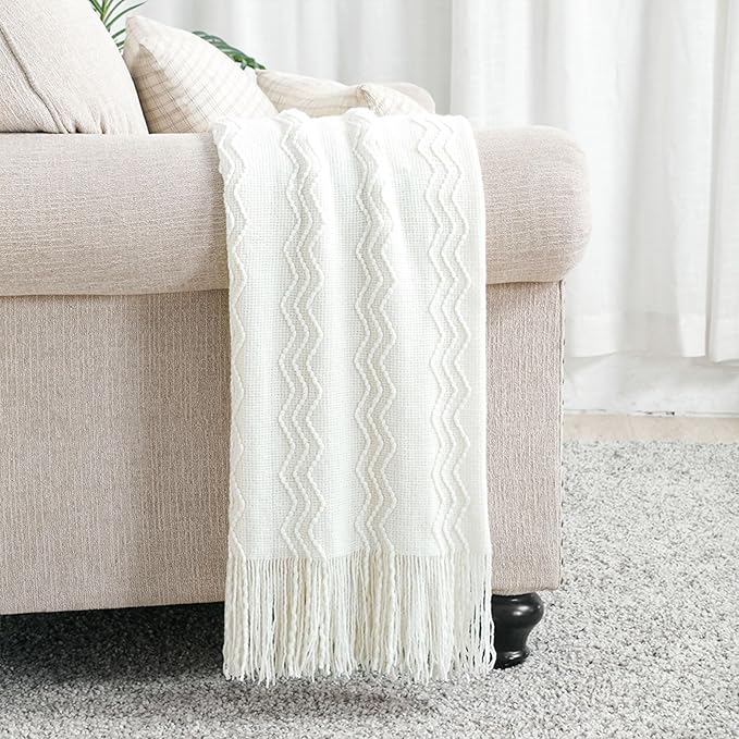 BOURINA Off White Throw Blanket 50 x90 Inches Throw Textured Solid Soft Sofa - Image 2