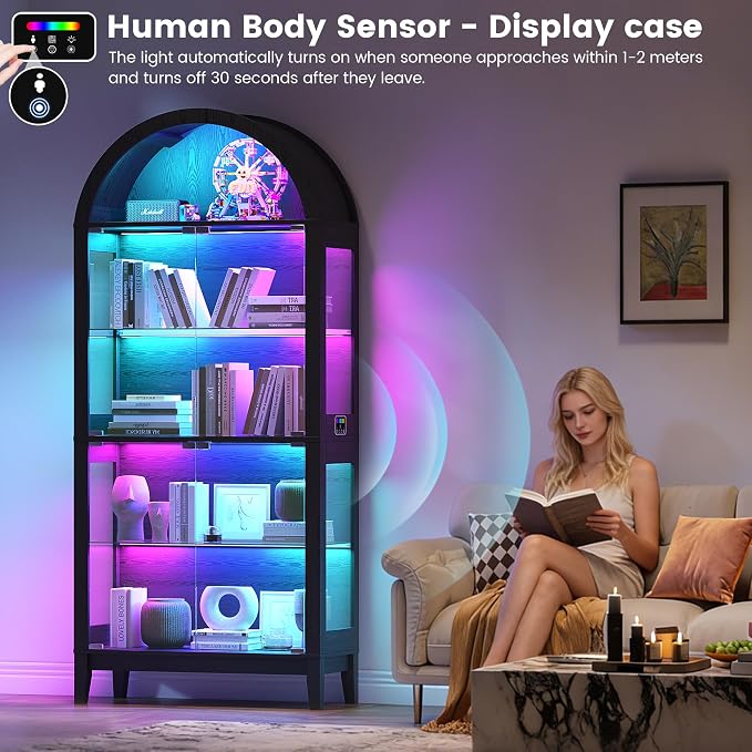 HNEBC Arched Book Shelf with Glass Doors, LED Bookcase with RGB Lights - Image 3