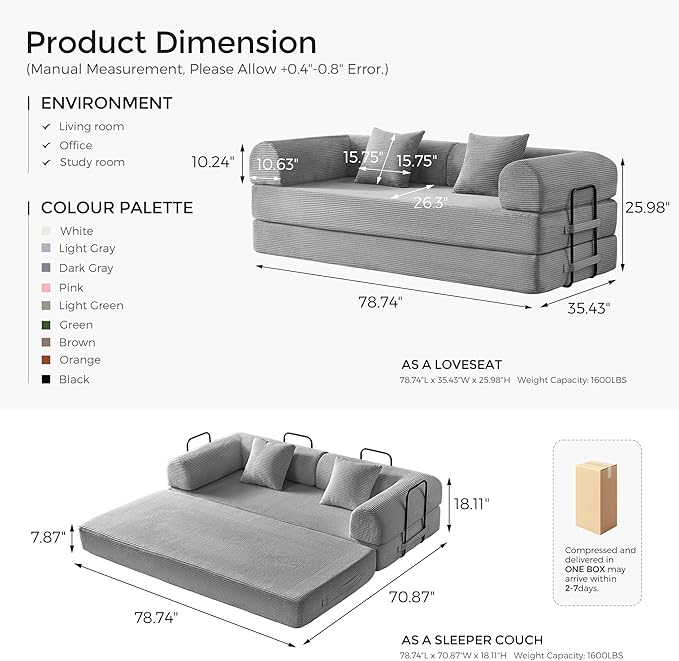 79" Convertible Sofa Bed with Fixed-Shape Frame & Removable Armrests, Modular - Image 2