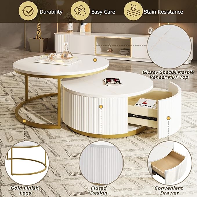 Modern Round Nesting Coffee Table Fluted - Image 8