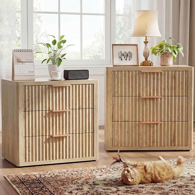 Night Stand with 3 Drawers, Fluted Bed Side End Table with Metal Handle by LOOMORA