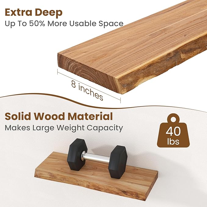 Floating Shelves for Wall Decor, Rustic Solid Elm Wood Live Edge Floating - Image 5