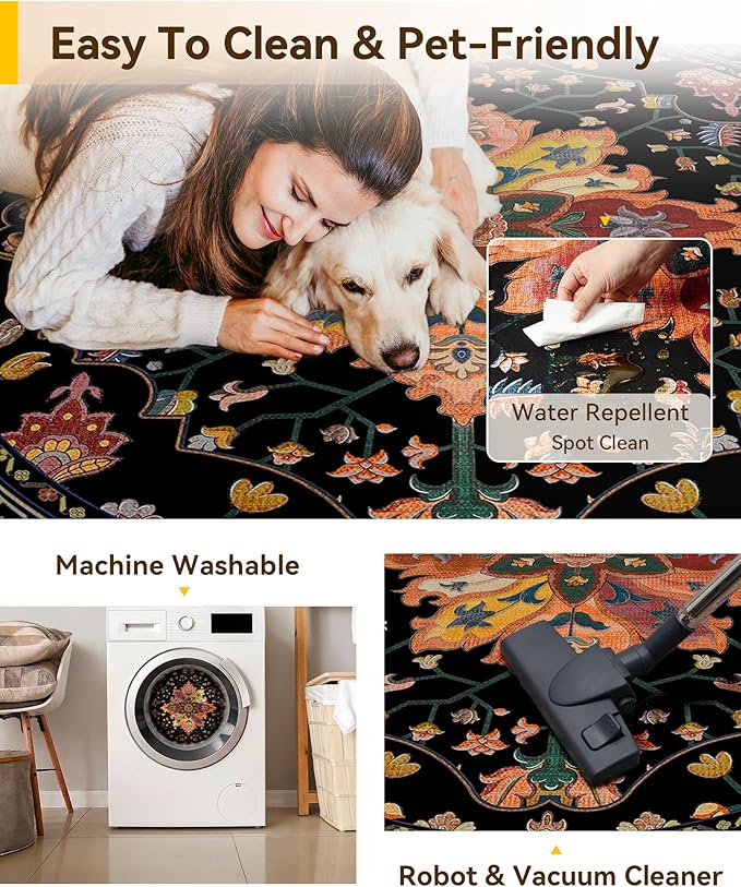 RELEANY Area Rugs Round 7ft Washable Non-Slip, Floral Vintage Distress Print - Image 5