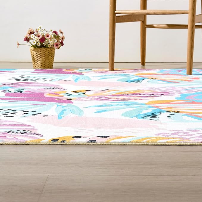 RoomTalks Tropical Leaves Washable Rug, Colorful Pink Blue Boho Cute Floral - Image 3