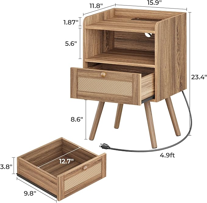 SUPERJARE Nightstand with Charging Station & Rattan-Like Decor Drawer, Rattan - Image 3