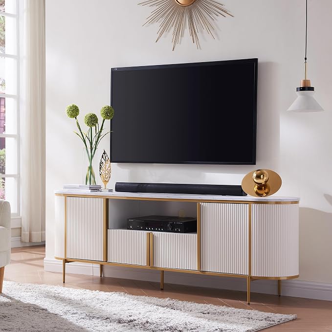 OKD 70" Fluted TV Stand with Storage, Faux Marble Top Entertainment Center - Image 3