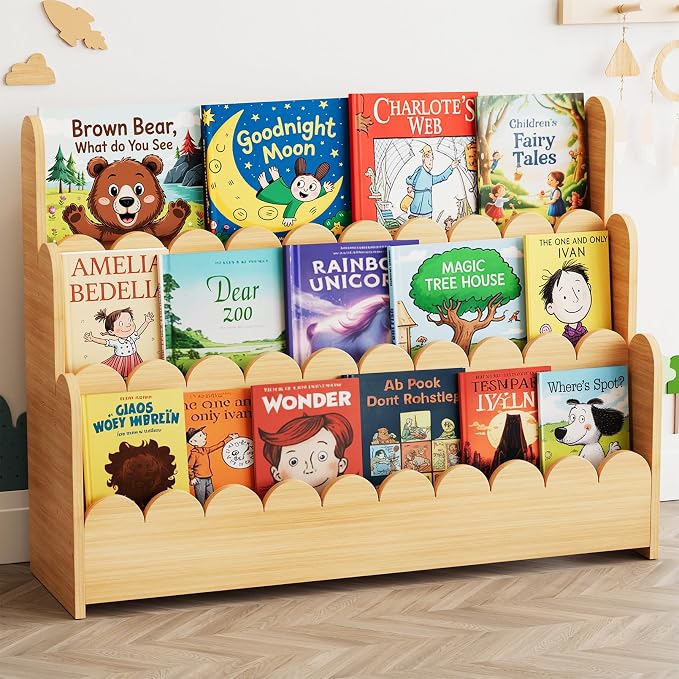 SpaceAid 3-Tier Scalloped Bookshelf, Montessori Bookcase by SpaceAid