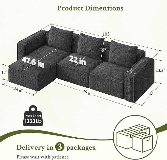 Welzona 103" Sectional Couch, Locked-in Modular Sectional Sofa, Wood Frame - Image 2