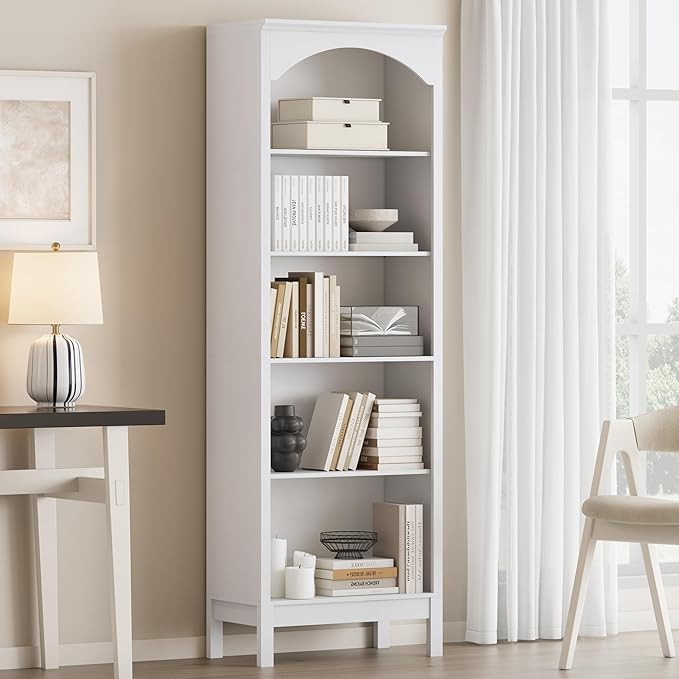 Arched Bookshelf with 5 Tier Open Shelves, Study and Living Room, Modern White by JMHDYG