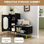 HLR Storage Bench with Glass Door&Shelf, Modern Entryway Shoe Cabinet Bench - Image 3