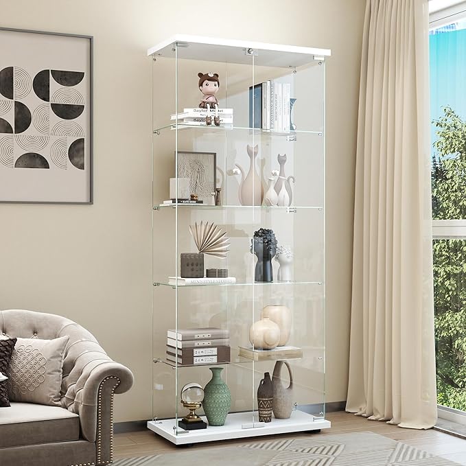Display Cabinet with Glass Door and Lock, 5-Shelf Curio Cabinets with 5mm by glassdisplaycabinet