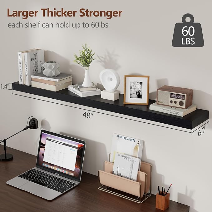 fuqing Black Floating Shelves 48 Inch, Solid Wood Wall Mounted Shelves Set of 2 - Image 3