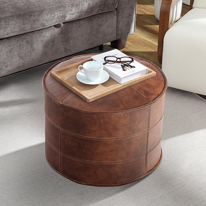 Leather Ottoman, Handmade Stuffed Square Ottoman, Genuine Leather Pouf by DIVANUS