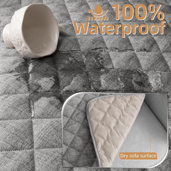 Dog Couch Cover for Sofa 100% Waterproof Faux Linen Sofa Covers for 3 Cushion - Image 3