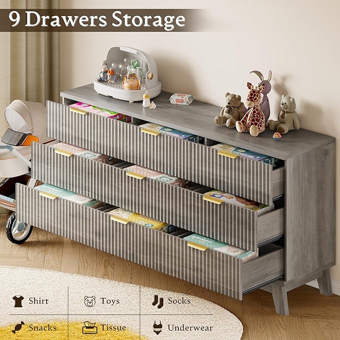 BORNOON Fluted 9 Drawer Dresser, 57.1" Wide Modern Boho Chest of Drawers - Image 6