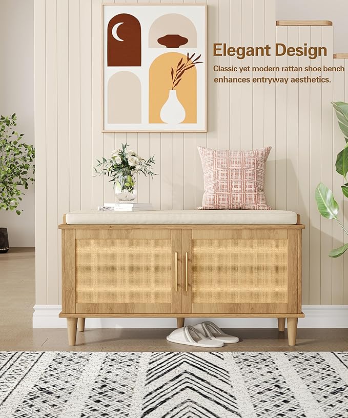 Akxomel Rattan Shoe Storage Bench - Image 9
