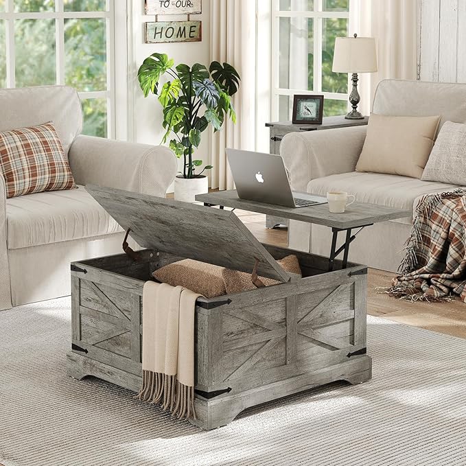 Furnideco Farmhouse Lift Top Coffee Table, Square Wood Center Table by FurnidecoFurniture