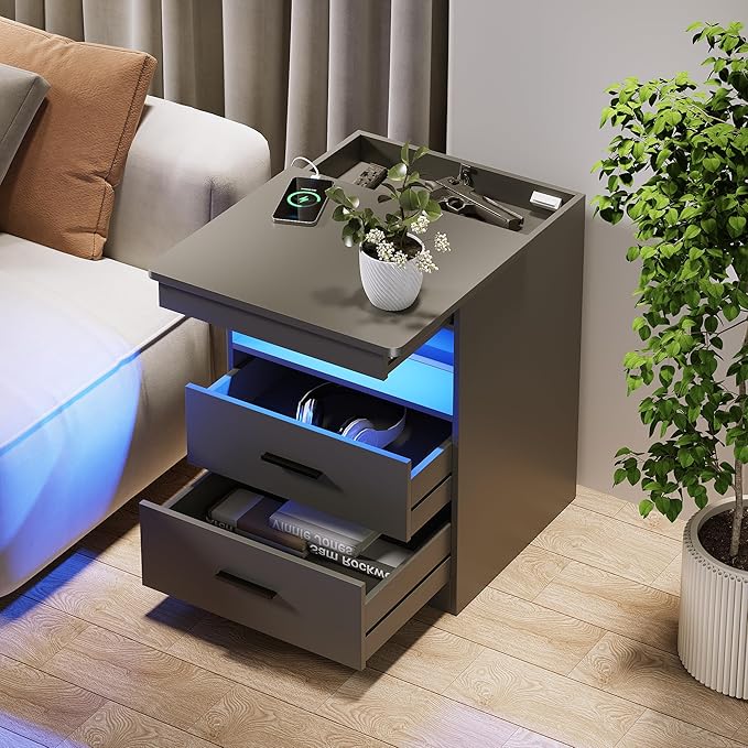 Nightstand with Gun Drawer, Charging Bedside Table with USB & Type-C Port - Image 5