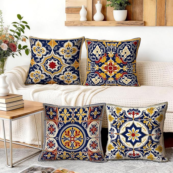 OBSEDE Throw Pillow Covers Set of 4, 18x18 Inch Blue and Yellow Mediterranean - Image 5