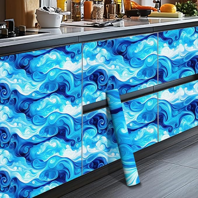 HOMETITUTE Artistic Blue Swirl Wave Pattern Wallpaper Peel and Stick Contact - Image 5