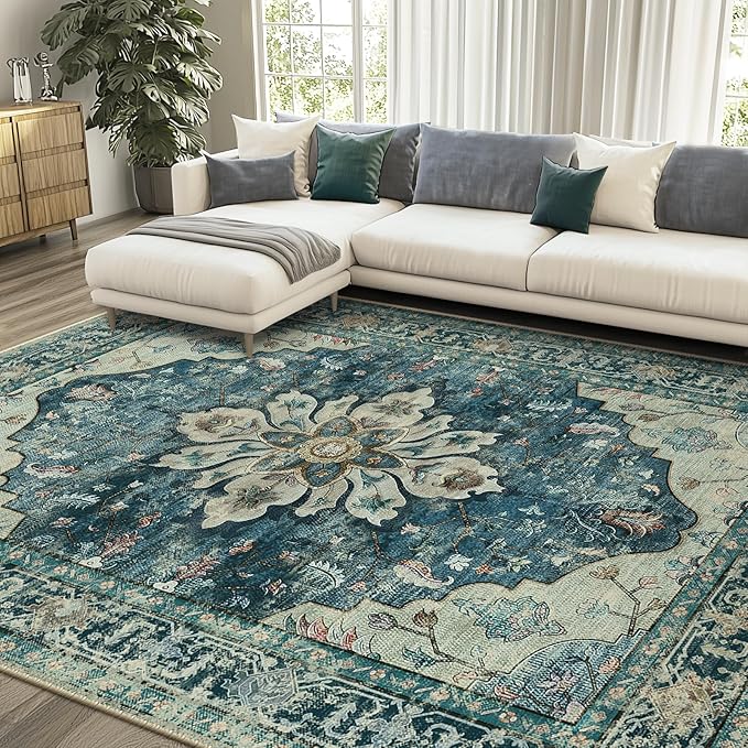 RELEANY Area Rugs 8'x10' Washable Non-Slip, Floral Vintage Distress Print by RELEANY