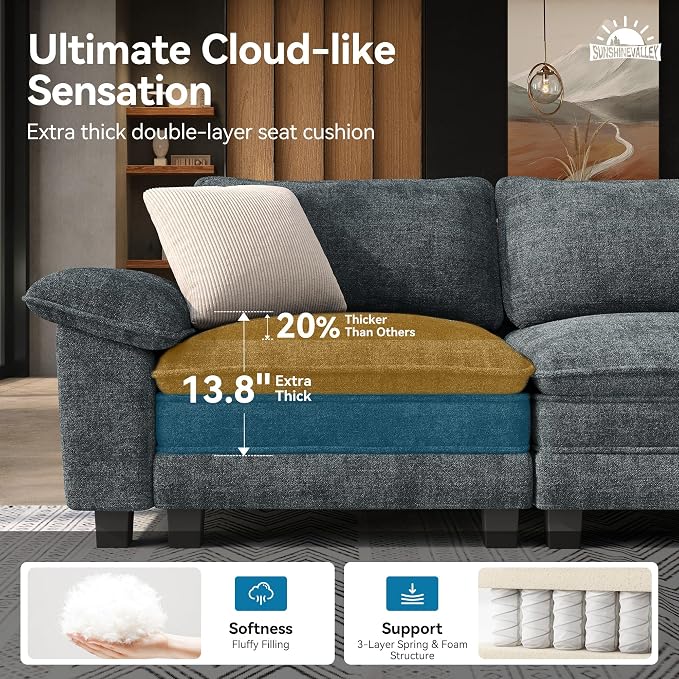 SUNSHINE VALLEY 87.5'' Oversized Loveseat Couch and Chair Set, 3-Seat Chenille - Image 3