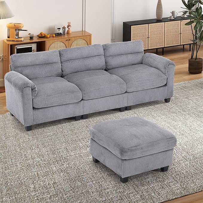 HAOMARKETS Corduroy 2-Piece Sofa Set, Upholstered Ottoman and 3-Seater Sofa - Image 6