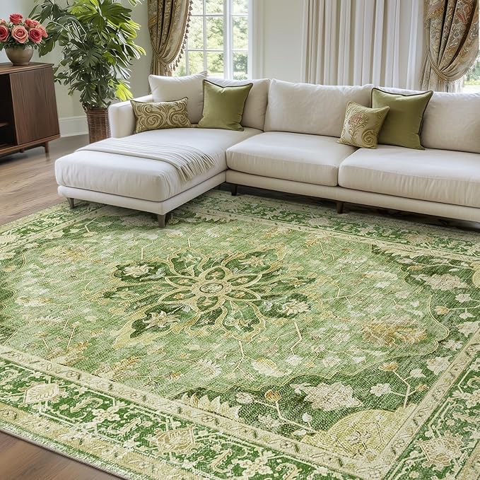 RELEANY Area Rugs 8'x10' Washable Non-Slip, Floral Vintage Distress Print by RELEANY