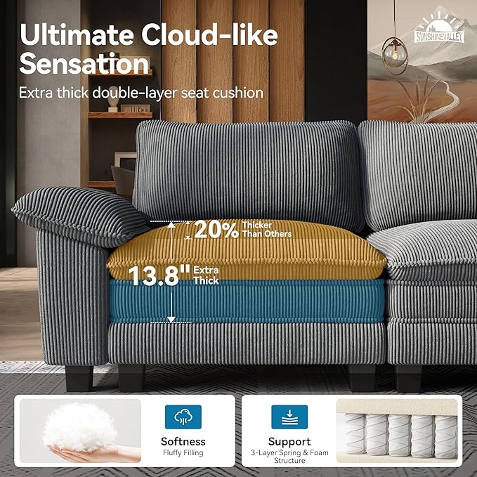 SUNSHINE VALLEY 3 Piece Living Room Sofa Furniture Set, Corduroy 2 Comfy Cloud - Image 3