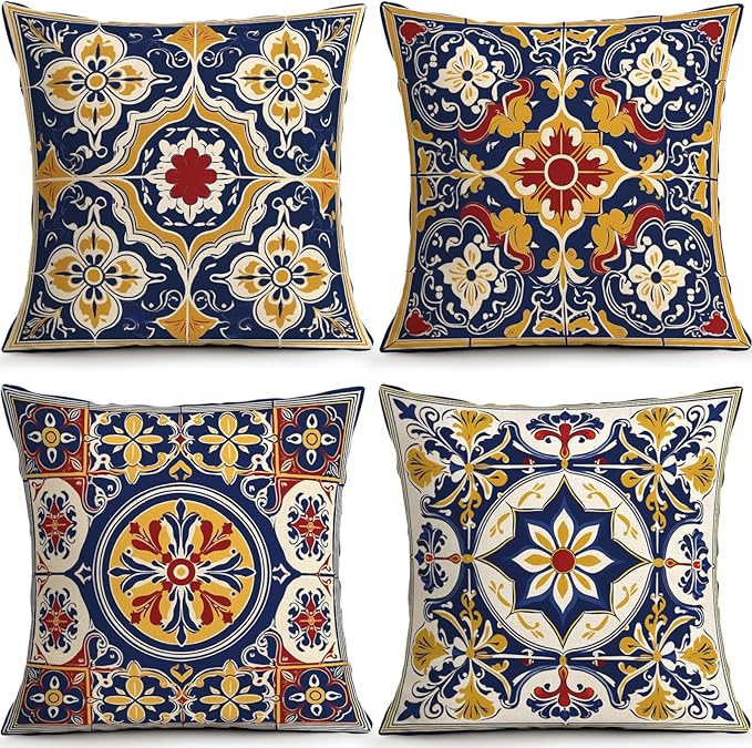OBSEDE Throw Pillow Covers Set of 4, 18x18 Inch Blue and Yellow Mediterranean by OBSEDE