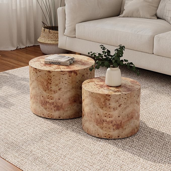 Nesting Coffee Table Set of 2 for Living Room, Modern Round Wooden Circle - Image 3