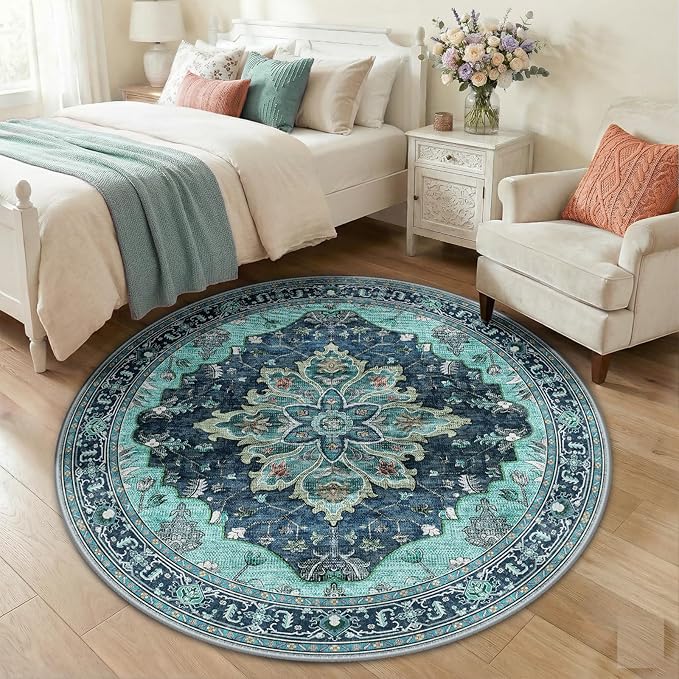 RELEANY Area Rugs Round 5ft Washable Non-Slip, Floral Vintage Distress Print by RELEANY