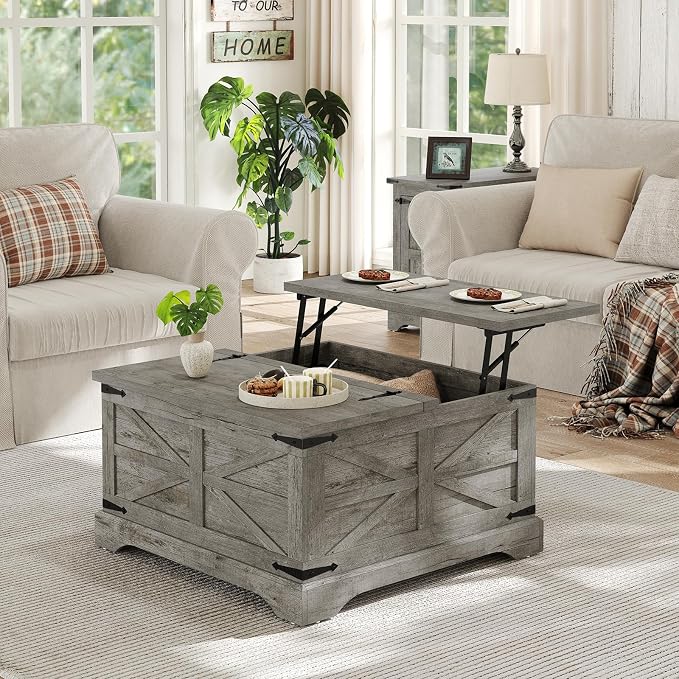 Furnideco Farmhouse Lift Top Coffee Table, Square Wood Center Table - Image 4