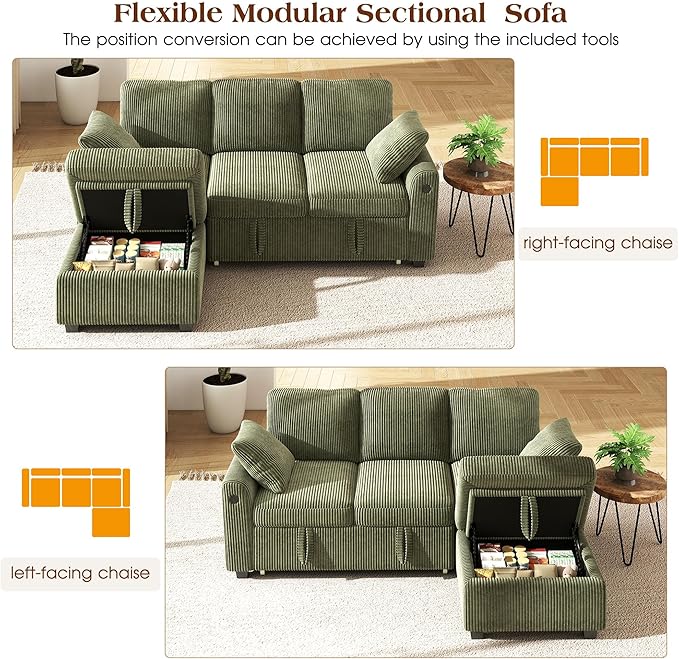 Ihanherry 81-inch Corduroy Modular Sectional Sofa Bed - Image 3