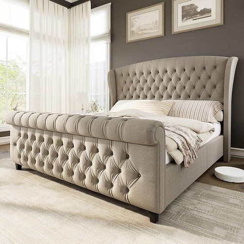 AMERLIFE King Size Platform Bed Frame, Linen Upholstered Sleigh Bed by AMERLIFE
